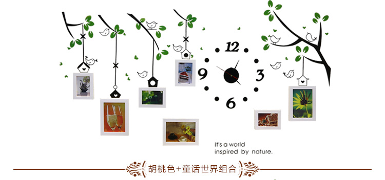 
                                                            维佳 小鸟钟表相框墙 挂墙创意组合实木照片墙 卧室儿童房 餐厅相片墙 三色混搭+卡通画芯 赠送小鸟墙贴+黑色钟表                