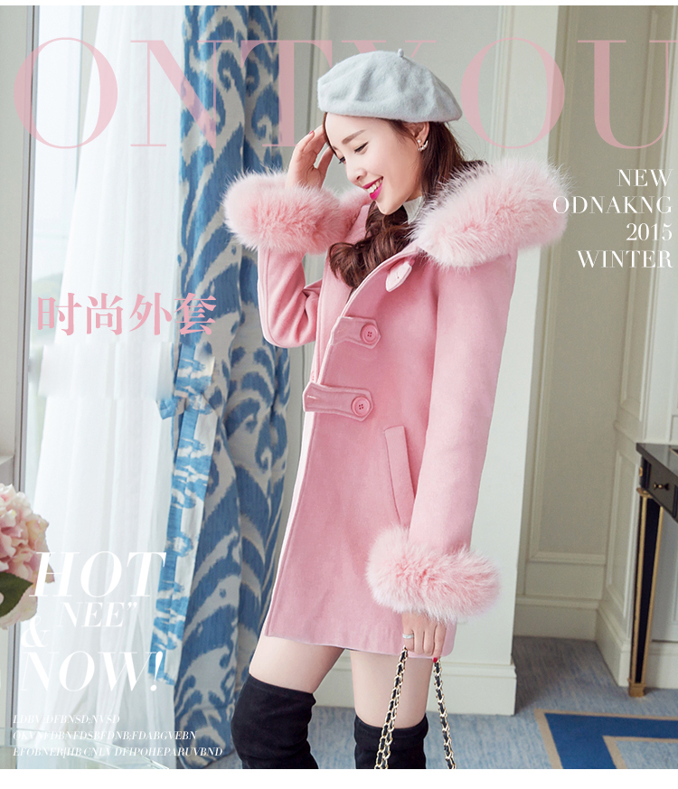 馨香雪2015秋冬新品修身显瘦连帽毛呢大衣女中长款韩版呢子大衣女加厚外套 蓝色 M