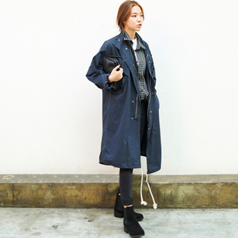 mrsos2015秋装秋季新款女装韩版BF学院风抽绳立领 米白色宽松长款风衣 藏青色 M