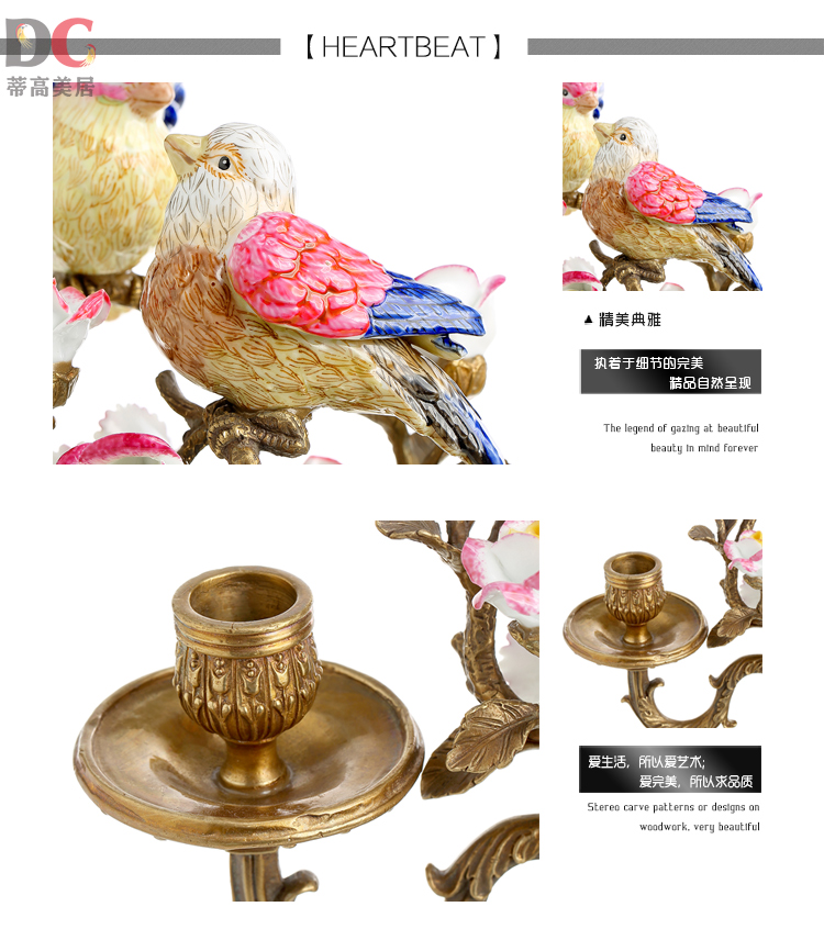蒂高美居 欧式高档装饰品摆件 陶瓷配铜双头烛台 餐厅餐桌装饰摆件蜡烛台 复古工艺品