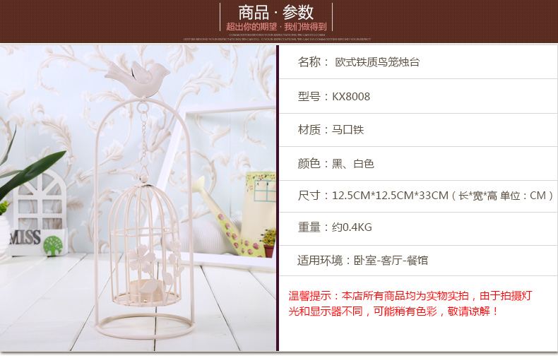 
                                        莎芮 创意悬挂式鸟儿立顶铁链吊鸟笼铁艺烛台家居装饰摆件 KX8008白色                