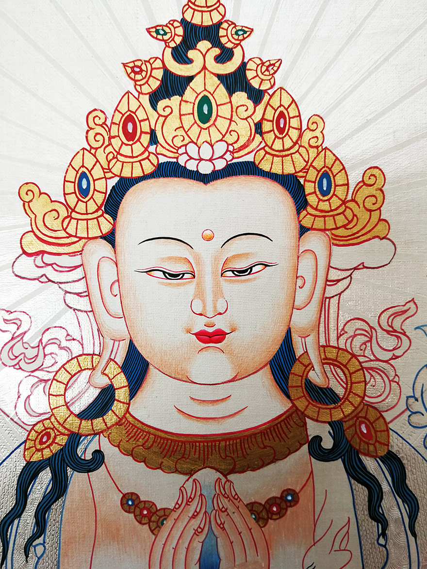 尼泊尔唐卡画师kumar lama作品刻银彩绘四臂观音多尊唐卡(编号1414)