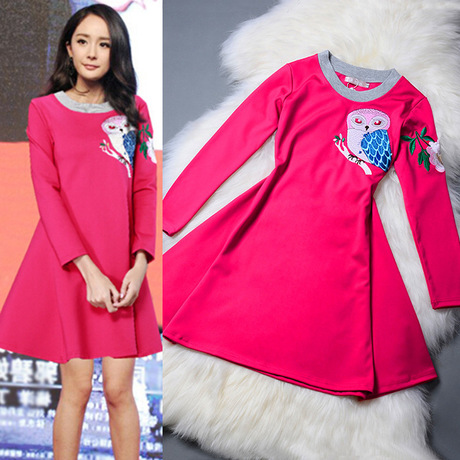 福图2015秋季新款杨幂杨颖明星同款猫头鹰绣花长袖大摆公主裙 玫红色