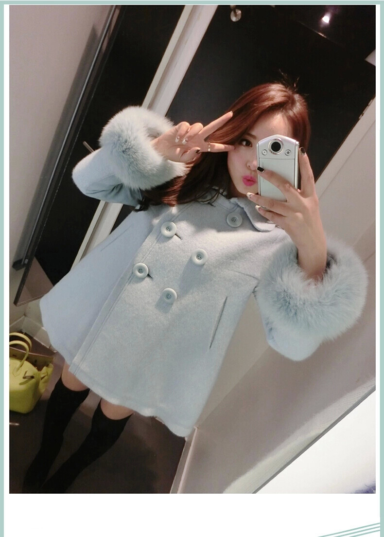 毛呢外套大衣女2015秋装新款大码女装韩版中长翻领羊毛妮子外套女潮 蓝色 M