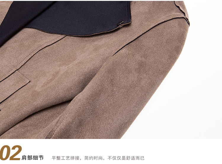 天谜女装2015秋冬新款双排扣麂皮绒中长款风衣女外套收腰 53049 驼色 XL