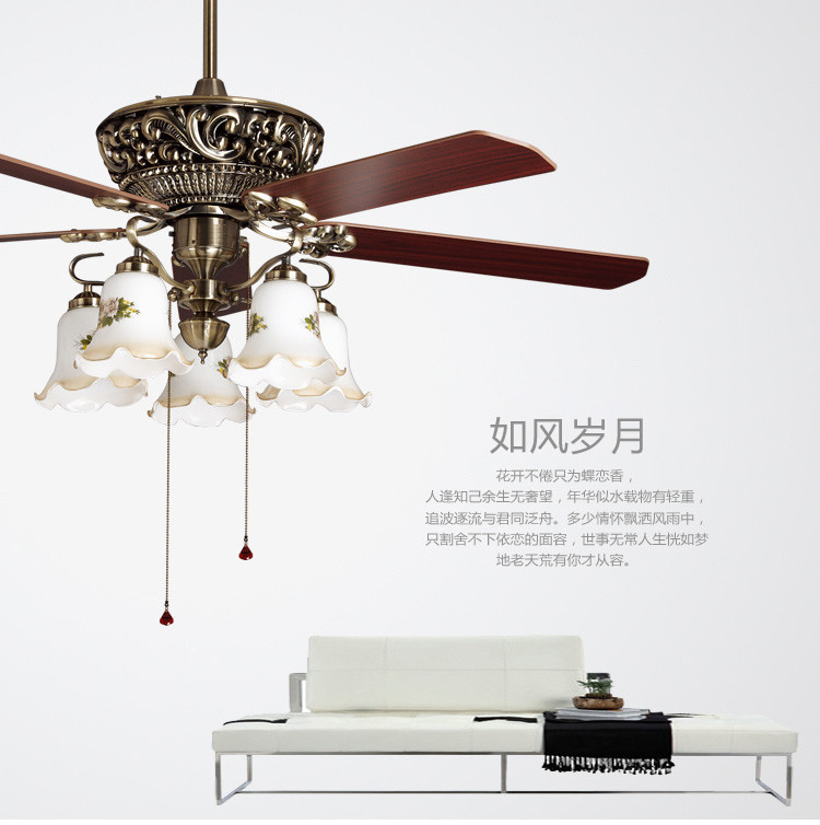 SINGU昇谷 欧式复古吊扇灯 客厅餐厅风扇灯 卧室书房带灯吊扇 风扇吊灯SG823-5 标配线控