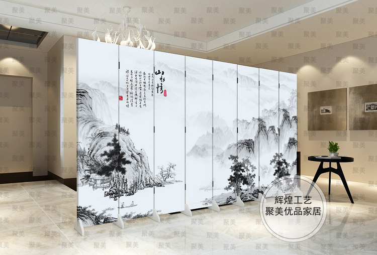 防水防透免安装中式双面艺术布艺屏风隔断风水墙折屏家居遮挡墙文化墙背景墙酒店屏风隔断古典现代 底座 一扇价格