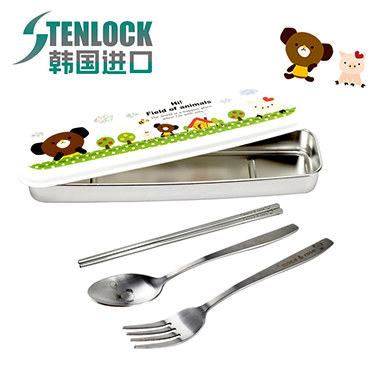 韩国greenkeeps 304不锈钢学生分格饭盒便当盒 三格分隔保鲜盒儿童餐具 保温套装 三格一体蓝透明