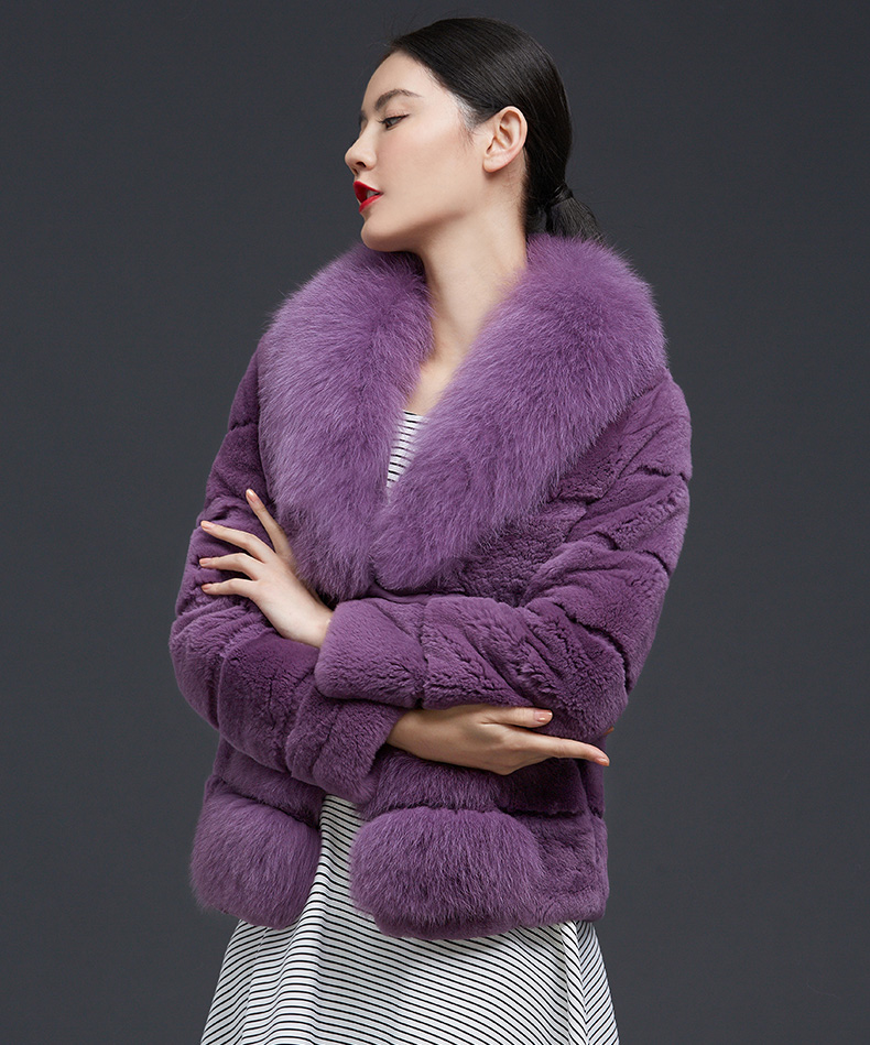 咔琦娜 新款海宁狐狸毛领整皮獭兔毛皮草 修身横纹优雅女装外套 象牙