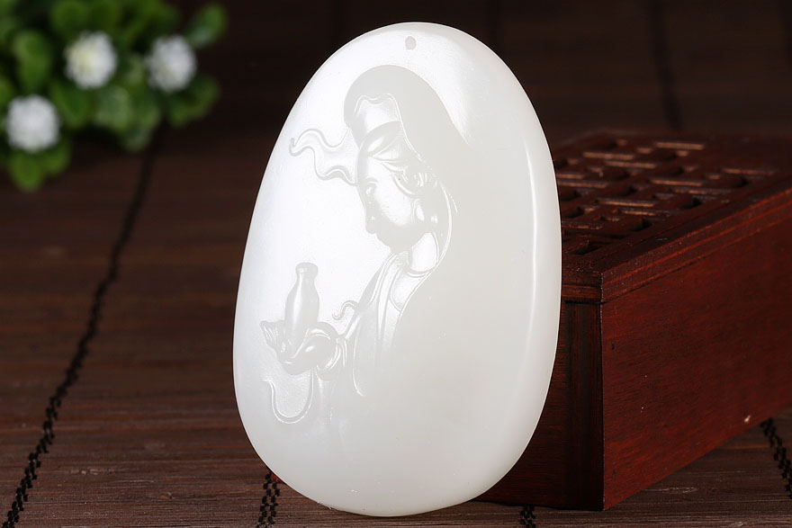 和田玉羊脂白玉观音挂件45.5克【石蕴玉】