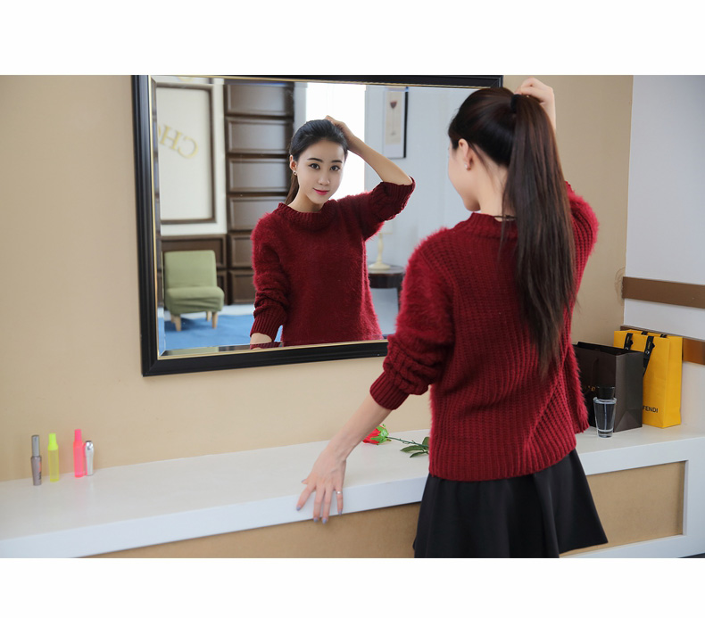 茉筝 2016韩版冬装长袖复古麻花袖半高领套头毛衣兔毛针织衫女7014 浅灰色  均码