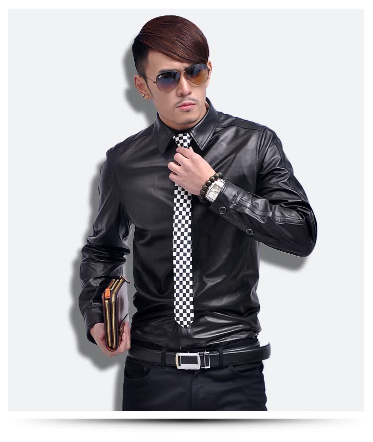 雨林霖 真皮衬衫男真皮皮衣 单款真皮修身衬衫 海宁头层绵羊皮男士皮