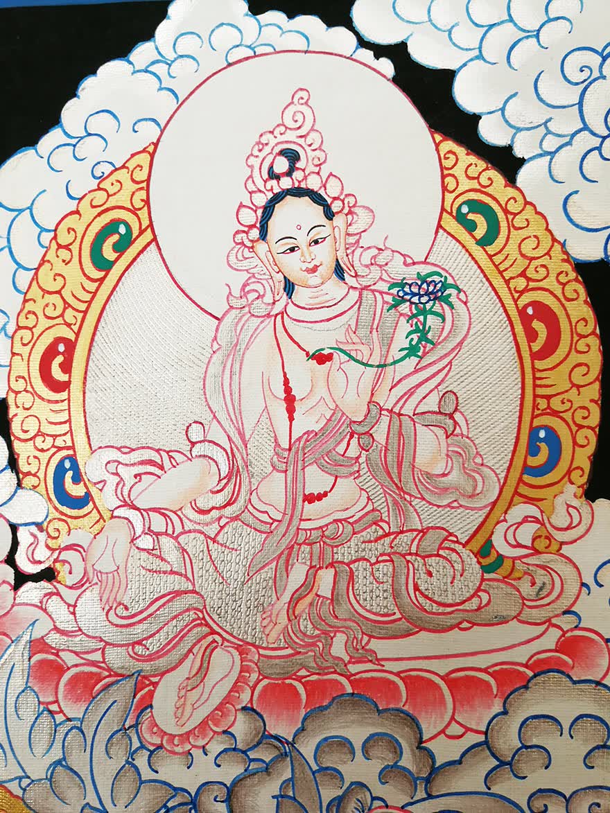 尼泊尔唐卡画师kumar lama作品刻银彩绘四臂观音多尊唐卡(编号1414)