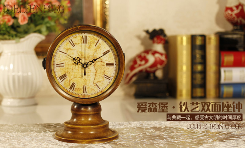 
                                        费洛梵 欧美经典做旧铁艺双面钟表 复古世界地图坐钟 装饰摆设 美式棕色双面钟                