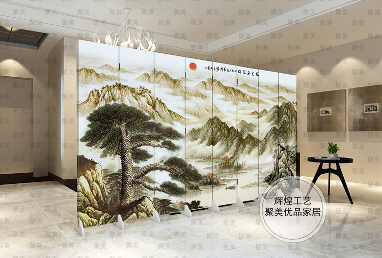 优阁调防水防透免安装折叠双面中式艺术屏风隔断屏风水墙文化墙背景墙隔断墙 091509 3扇防水防透