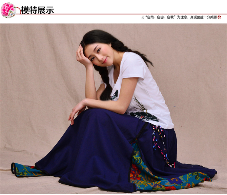 
                                        尤瑾 2015新款民族风女装夏 棉麻圆领绣花修身打底衫休闲短袖T恤 白色 XL                
