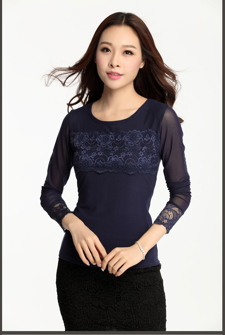 逸纯yichun蕾丝衫网纱拼接圆领长袖大码女装打底衫韩版t恤女时尚镂空