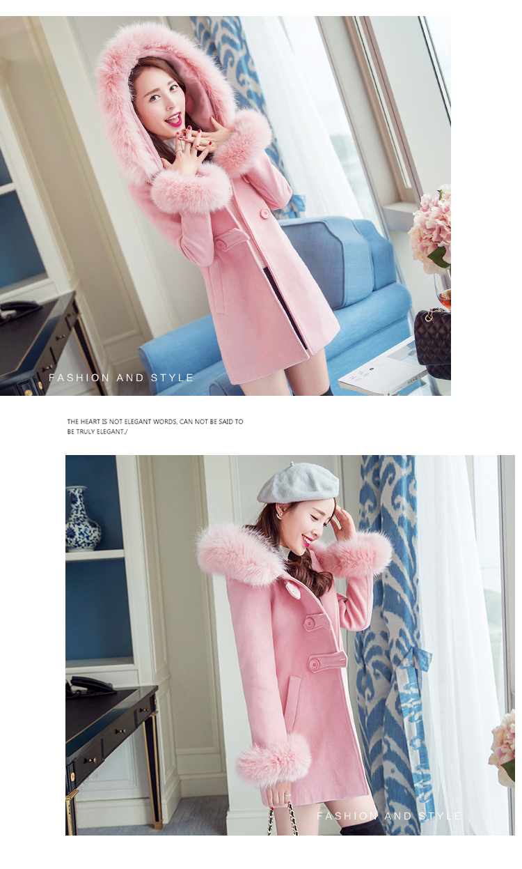 馨香雪2015秋冬新品修身显瘦连帽毛呢大衣女中长款韩版呢子大衣女加厚外套 蓝色 M