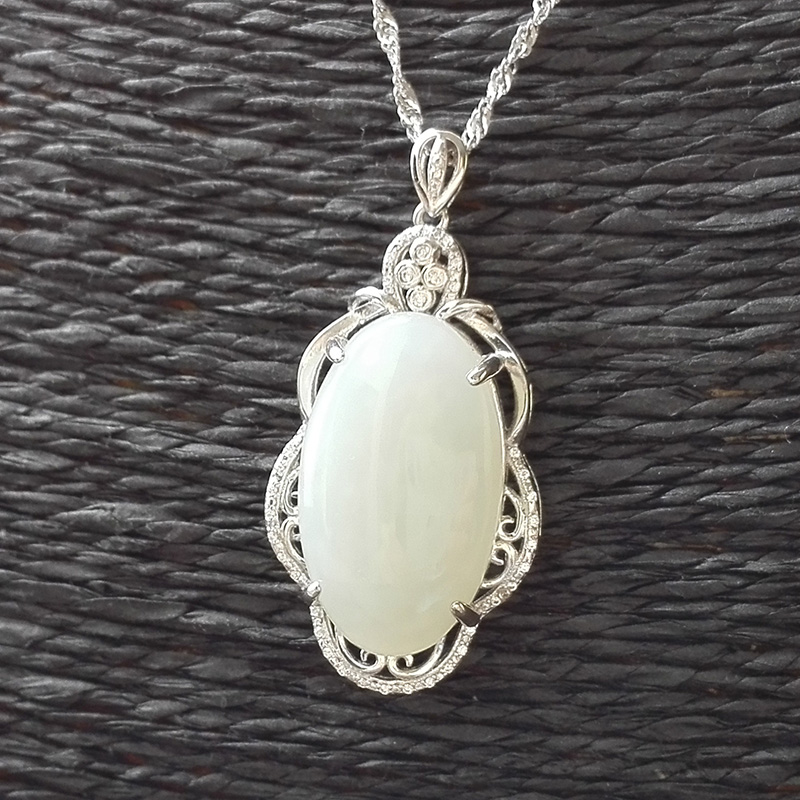 东赏和田玉吊坠925银镶嵌镀白金色项链项坠女款 45cm