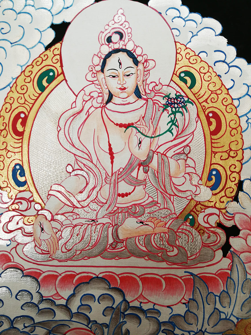 尼泊尔唐卡画师kumar lama作品刻银彩绘四臂观音多尊唐卡(编号1414)
