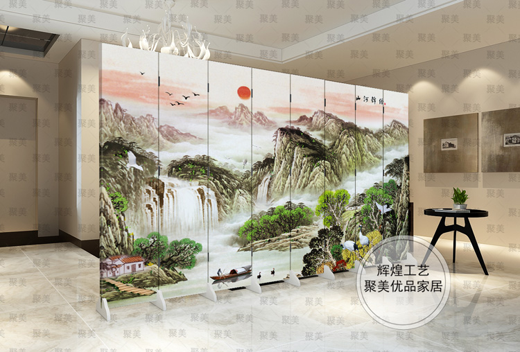 防水防透免安装中式双面艺术布艺屏风隔断风水墙折屏家居遮挡墙文化墙背景墙酒店屏风隔断古典现代 底座 一扇价格