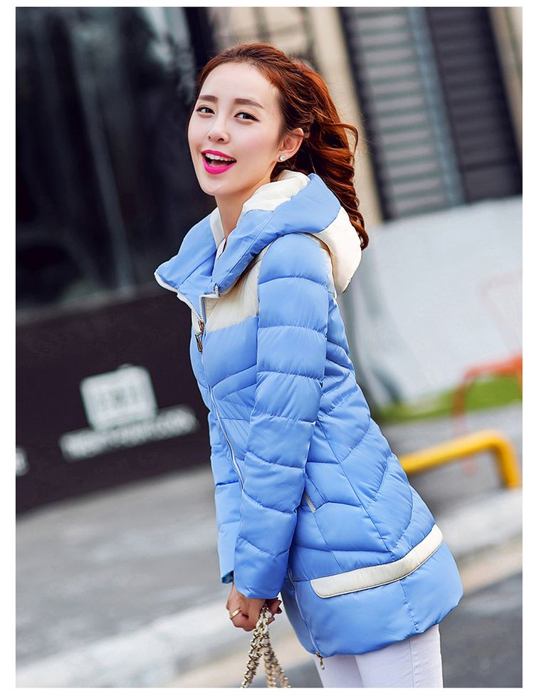 幕森2015冬季韩版女装棉服拼接撞色长袖连帽中长款拼接甜美女冬季保暖