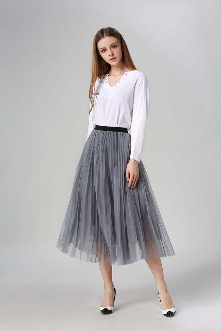 亚妮梦奴2016春夏新款时尚百搭大牌网纱百褶裙大摆裙半身裙长裙 黑色