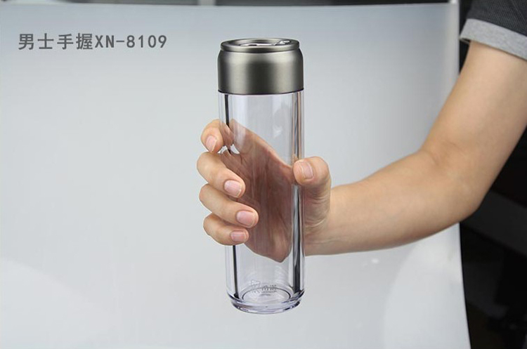 希诺塑料水杯带盖防漏便携加厚随手杯300ML创意可爱学生透明PC杯子XN-8106系列 黑蓝 8109 405ML