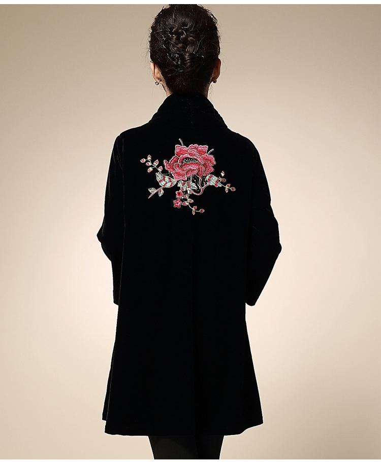 
                                        思朗sirhon中老年女装秋装婚礼服外套妈妈装加大码金丝绒风衣风凰刺绣长袖大衣C050 黑色 M                