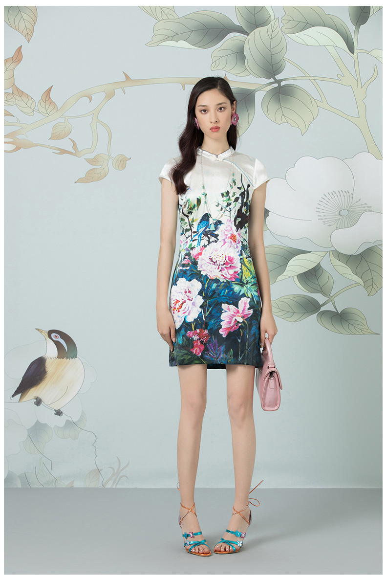 渔牌2018夏装新款时尚印花桑蚕丝印花短袖修身旗袍连衣裙米白l