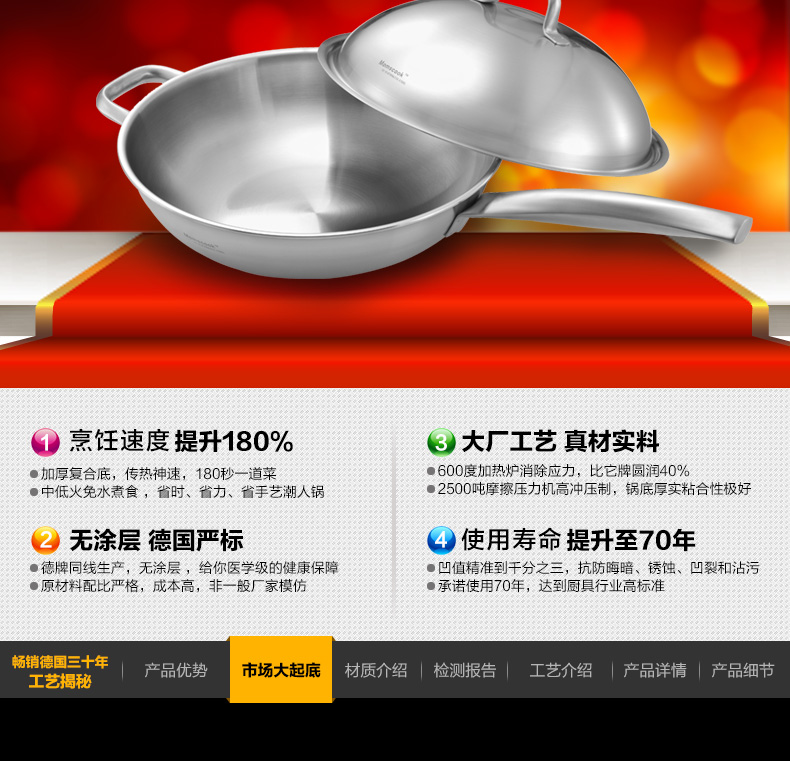 德国工艺 18/10不锈钢 电磁炉炒锅 少油烟炒锅 无涂层 28CM