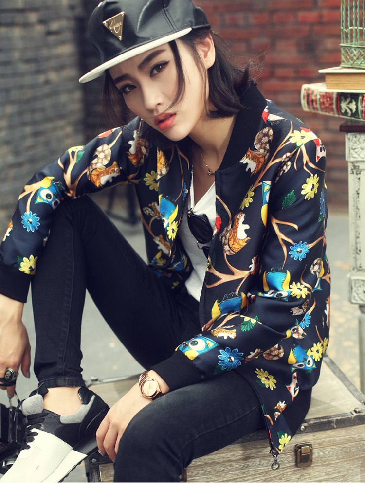 
                                        画骨春秋女装短外套女棒球服夹克印花图案女款棒球衫HG1570 黑色 M                