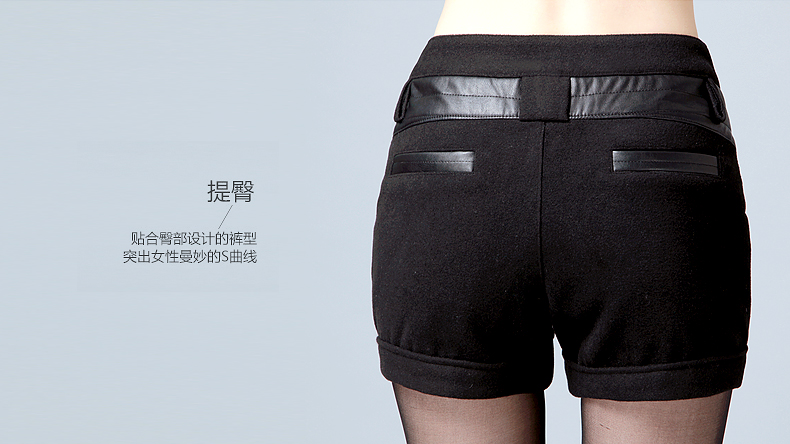 
                                        搜路人PU皮毛呢短裤女2016秋装新款黑色显瘦靴裤女装欧美休闲宽松直筒裤拼接毛呢短裤女 黑色 L码                