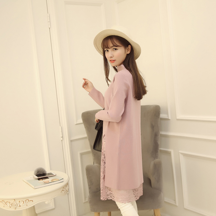 RUZY春季韩版针织毛衣蕾丝连衣裙女 粉色均码