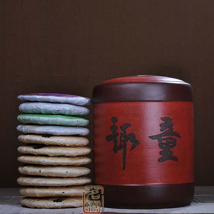 
                                        茗露 宜兴紫砂茶叶罐 茶具 大号手工醒茶罐 普洱罐茶缸11饼罐 茶仓 茶盒 茶叶桶 牧放图 童趣 黄罐                