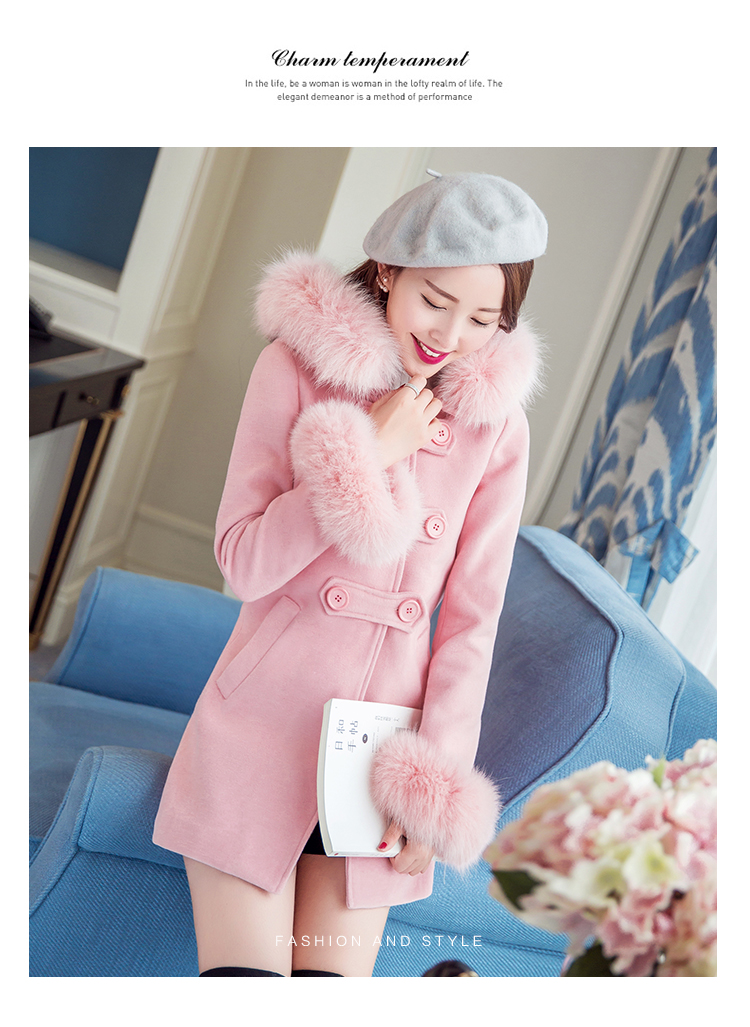 馨香雪2015秋冬新品修身显瘦连帽毛呢大衣女中长款韩版呢子大衣女加厚外套 蓝色 M