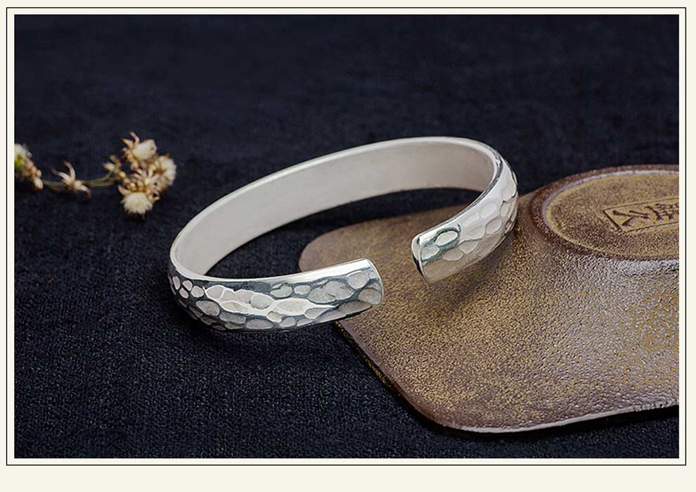 追银族 银手镯999女款 鱼愿纯手工手镯 日韩时尚百搭银饰开口千足银