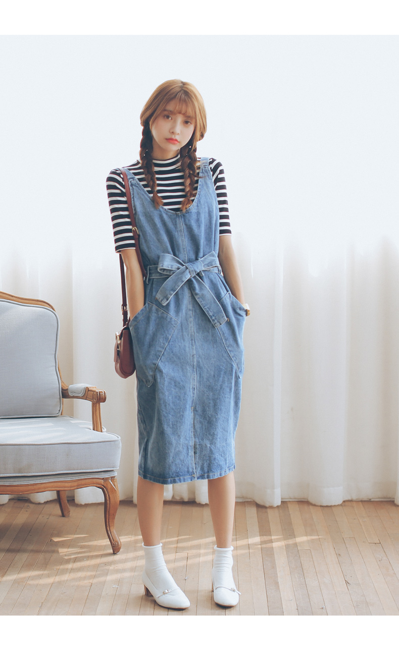 7mkb 韩版2016春季存款系带牛仔背带裙女中长款修身开叉连衣裙 蓝色 s