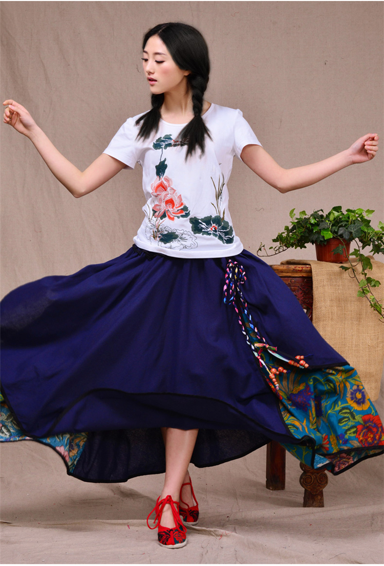 
                                        尤瑾 2015新款民族风女装夏 棉麻圆领绣花修身打底衫休闲短袖T恤 白色 XL                