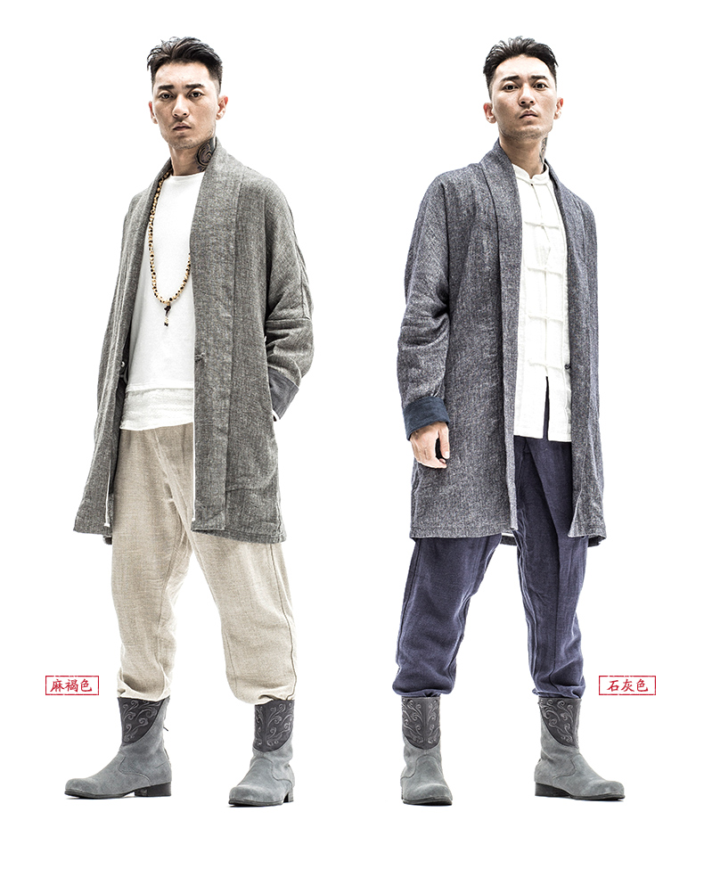 意树中国风原创男装亚麻汉服外套中长款棉麻改良中式复古禅服秋石灰色