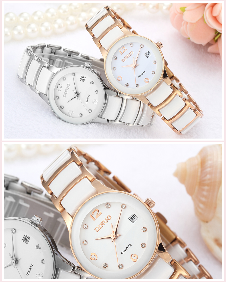 手表日历女表学生防水镶钻石英表5373l 陶瓷白色银色款【图片 价格