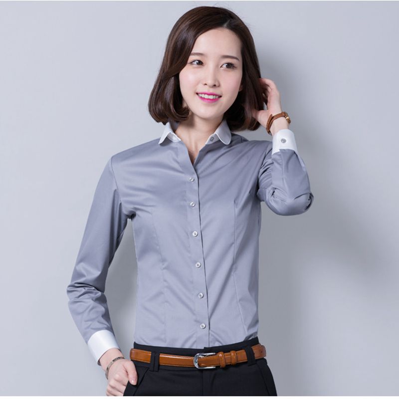 
                                        ZHI YE MEN女装长袖衬衫商务韩版修身OL职业正装免烫白色长袖工作服衬衣 紫罗兰V领 40=XL码                
