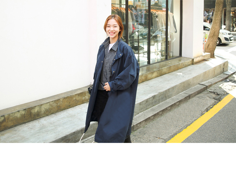 mrsos2015秋装秋季新款女装韩版BF学院风抽绳立领 米白色宽松长款风衣 藏青色 M
