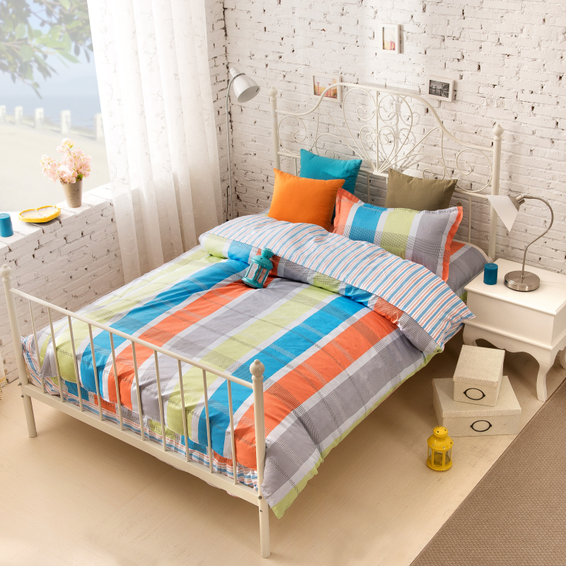 邦德家纺简约七彩条纹纯棉印花床单式单人床品三件套 0.9米床