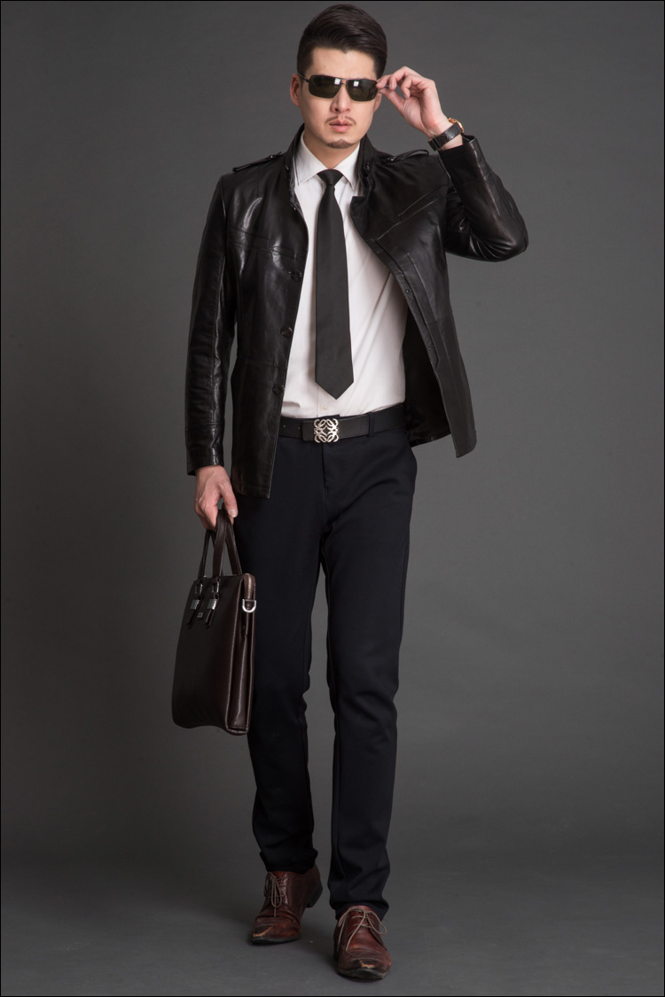 举翼王子 男士皮衣绵羊皮立领休闲夹克衫 男款单款皮衣修身夹克外套