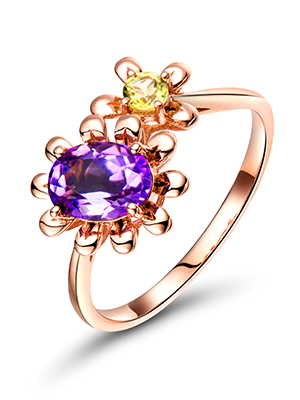 永思珠宝 18k金天然橄榄石紫水晶花朵花型戒指彩色宝石彩宝戒指