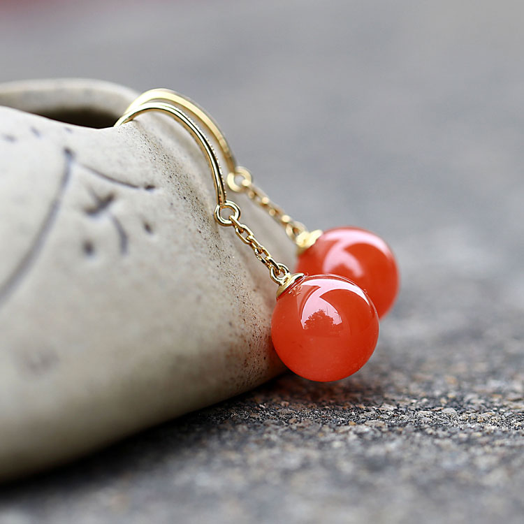安玉创意天然凉山南红玛瑙耳环联合料樱桃红圆珠耳环18金镶嵌耳坠耳饰