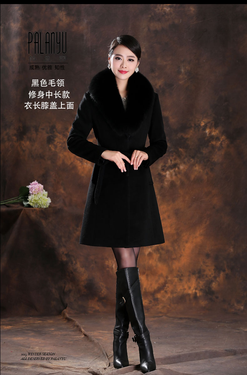 
                                        帕兰羽高端正品真狐狸毛领羊毛大衣女 2015冬装加长款 毛呢外套修身显瘦送腰带 S078加长款浅灰色 L                
