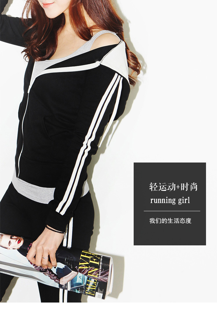 2016春季上新 韩版纯棉修身显瘦连帽运动休闲套装开衫两件套服女春夏款跑步运动服潮时尚 不加绒套装 L