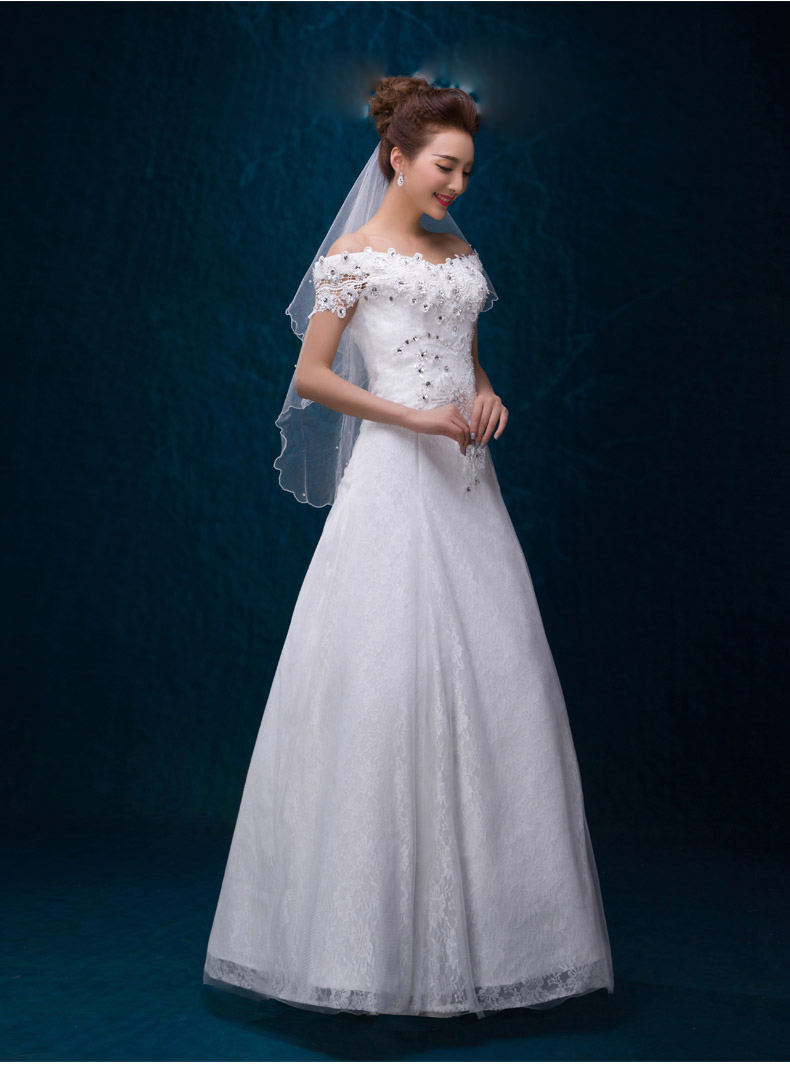 花漾绽放2016春夏新娘结婚新款婚纱礼服蕾丝公主a字裙一字肩修身齐地